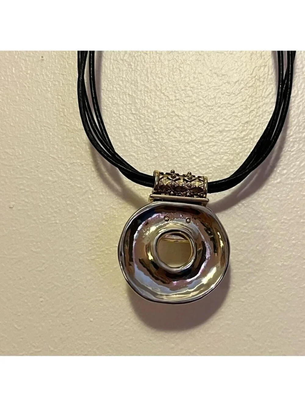 Chico’s hammered metal big pendant 3 strand black leather 90s whimsigoth 1990s